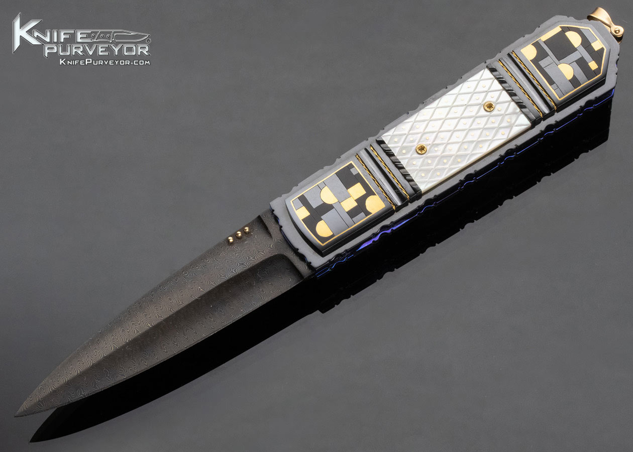 Jim Minnick Custom Knife Piqued Mother of Pearl Shell Linerlock Dagger with 24 Kt Gold Inlays - Image 2
