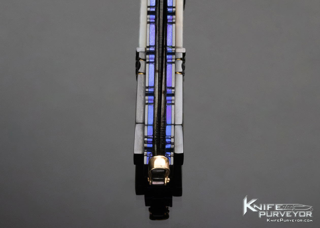 Jim Minnick Custom Knife Piqued Mother of Pearl Shell Linerlock Dagger with 24 Kt Gold Inlays 11439