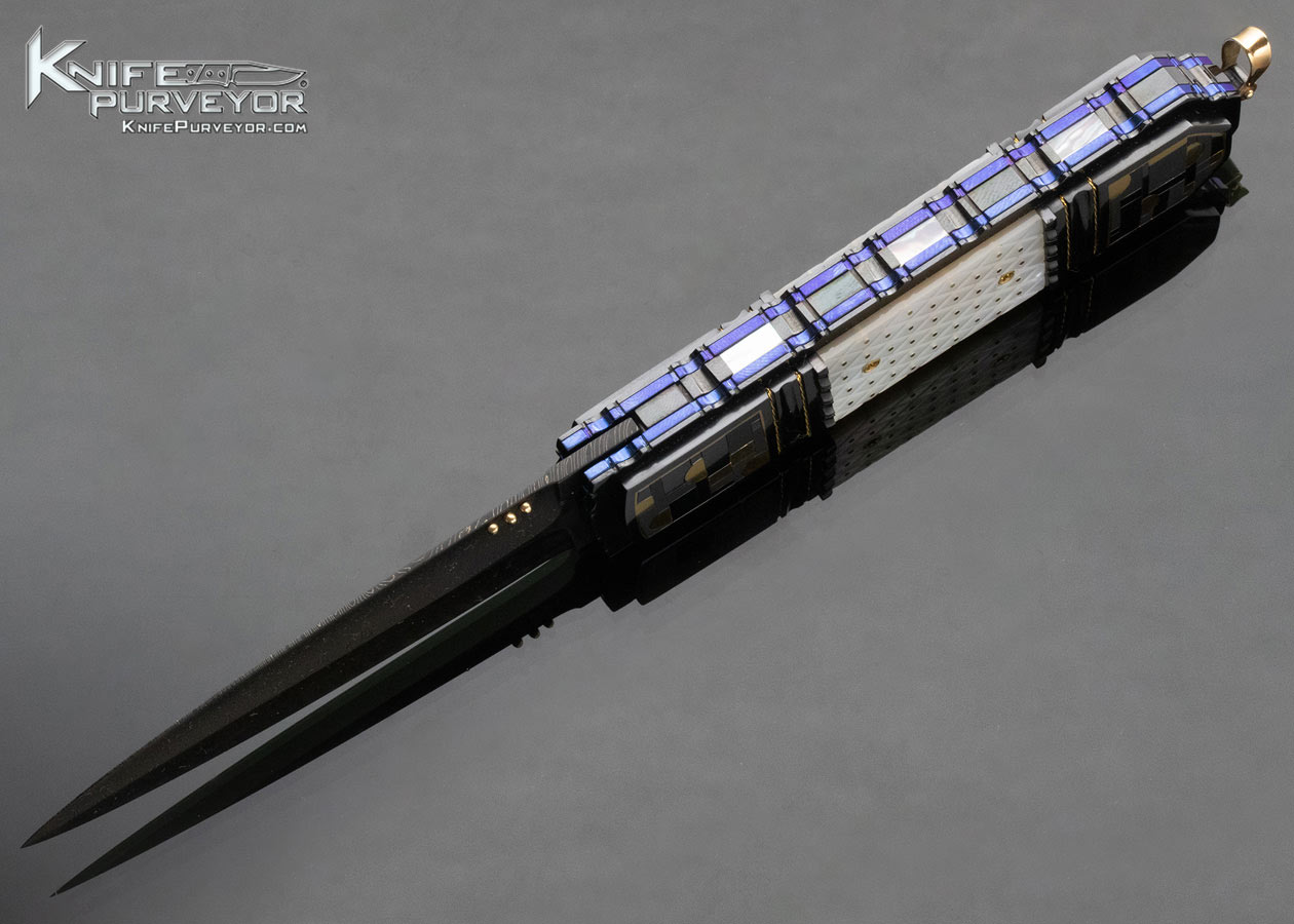 Jim Minnick Custom Knife Piqued Mother of Pearl Shell Linerlock Dagger with 24 Kt Gold Inlays - Image 7