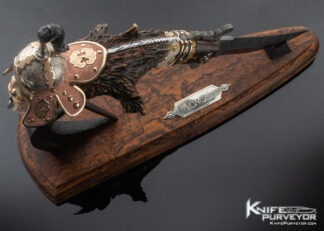 Larry Fuegen Custom Knife AKI 2022 "Mongol" Sterling Silver Trimmed w 14Kt Gold Copper and Horse Hair Bocote and African Blackwood & Damascus 13749