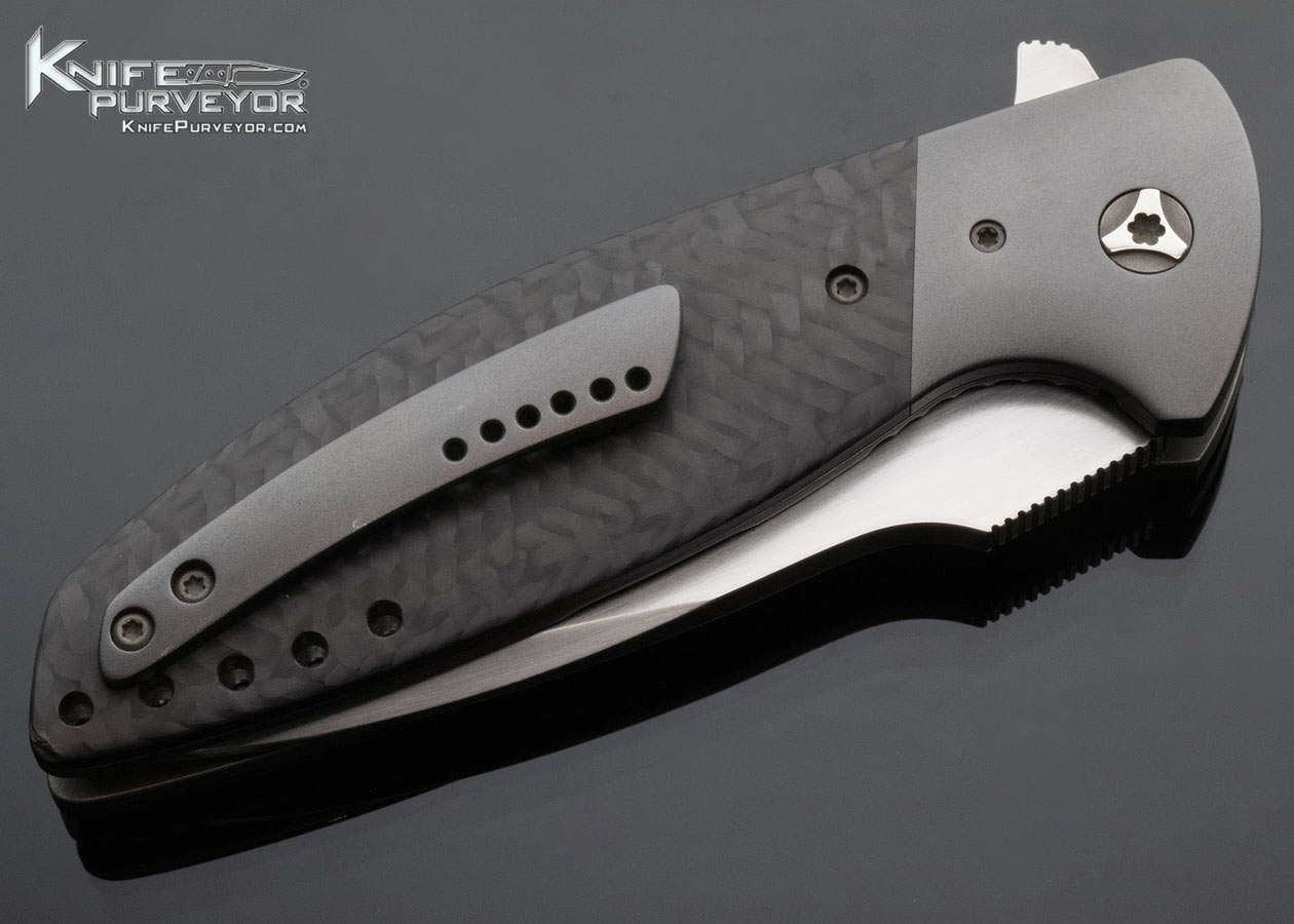 Peter Carey Custom Knife Custom Deluxe Carbon Fiber Cayman Flipper Zirconium Bolster & Clip - Image 5