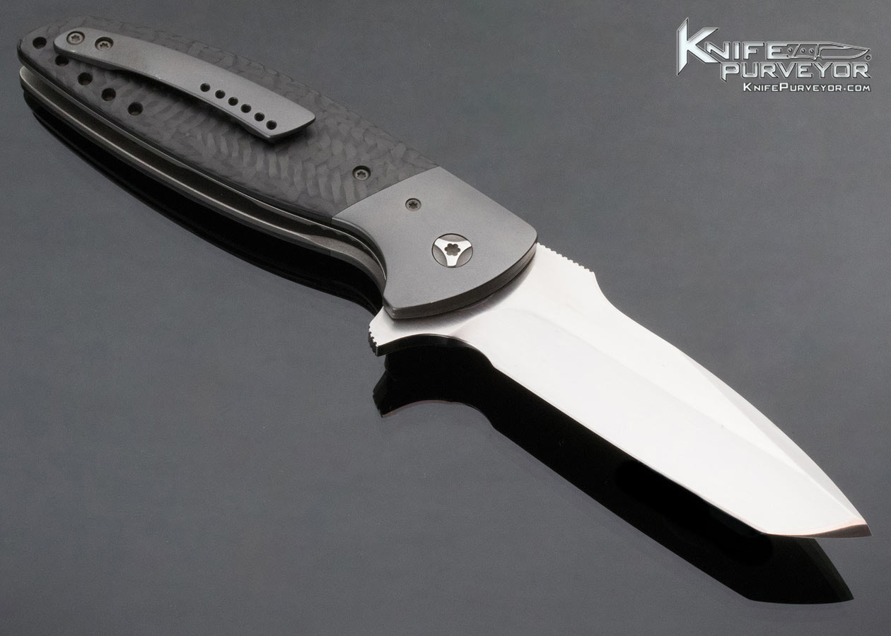 Peter Carey Custom Knife Custom Deluxe Carbon Fiber Cayman Flipper Zirconium Bolster & Clip - Image 3