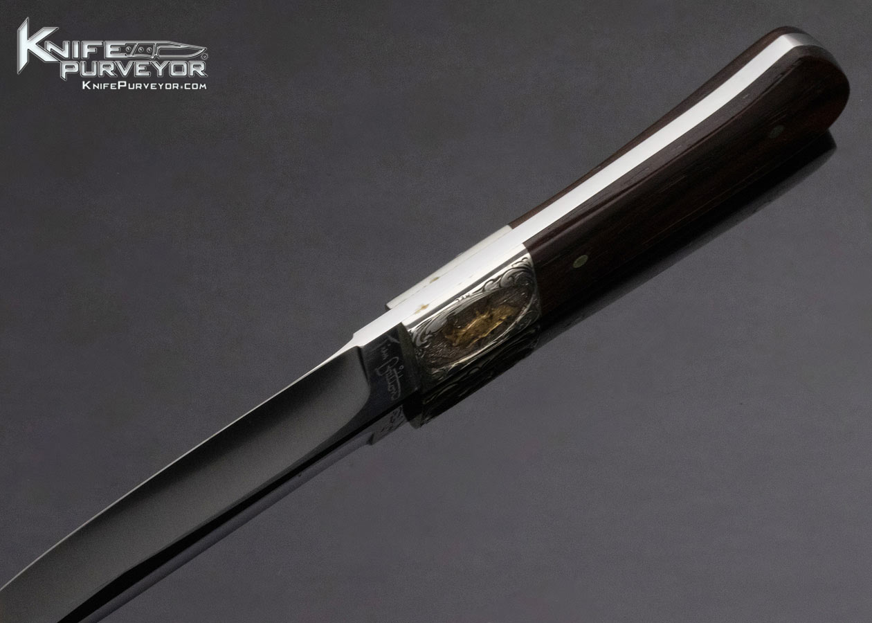 Tim Britton Custom Knife Mel Wood Engraved Gold Elk and Jaguar African Blackwood Hunter 13883