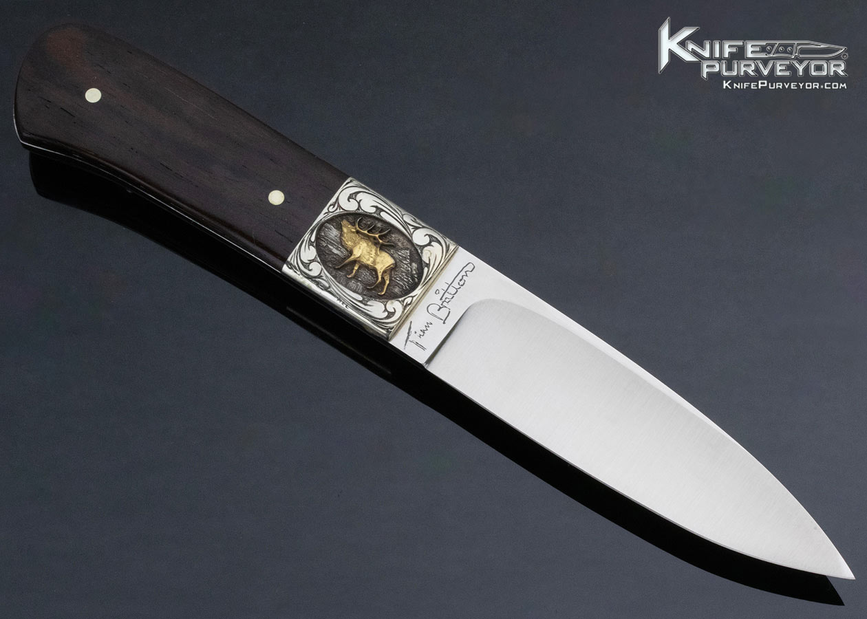 Tim Britton Custom Knife Mel Wood Engraved Gold Elk and Jaguar African Blackwood Hunter - Image 2