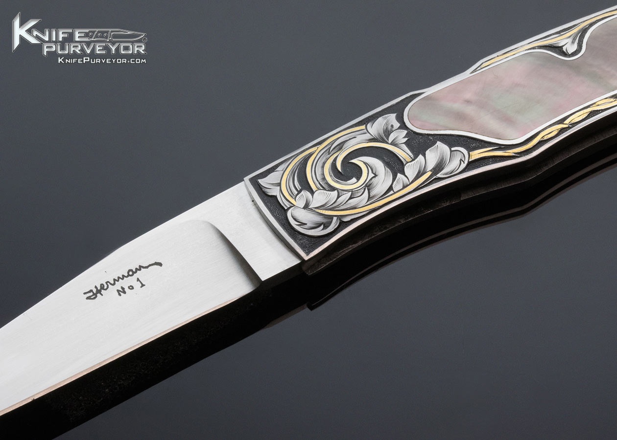 Tim Herman Custom Knife Sole Authorship Engraved Blacklip Pearl Interframe Lockback - Image 2