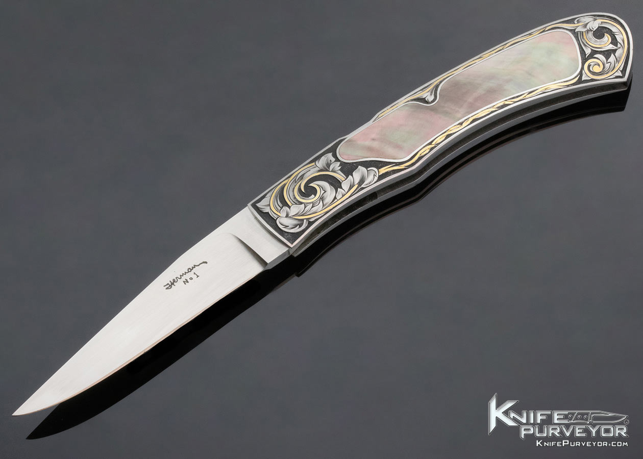 Tim Herman Custom Knife Sole Authorship Engraved Blacklip Pearl Interframe Lockback 14420
