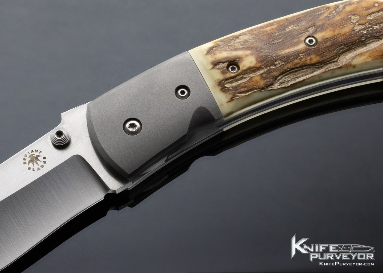 Filip DeLeeuw Deviant Blades One Off Custom Knife Curly Mammoth Linerlock with Wood Display Box - Image 2