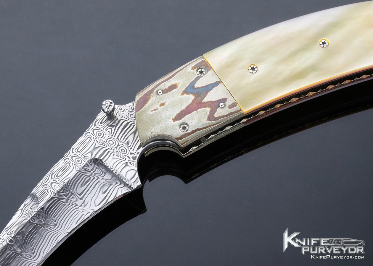 JD Van Deventer Custom Knife Damasteel and South Sea Goldlip Pearl Gents Claw Linerlock - Image 2