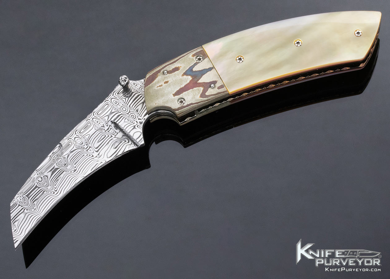 JD Van Deventer Custom Knife Damascus with Pearl Gents Claw Linerlock 14503