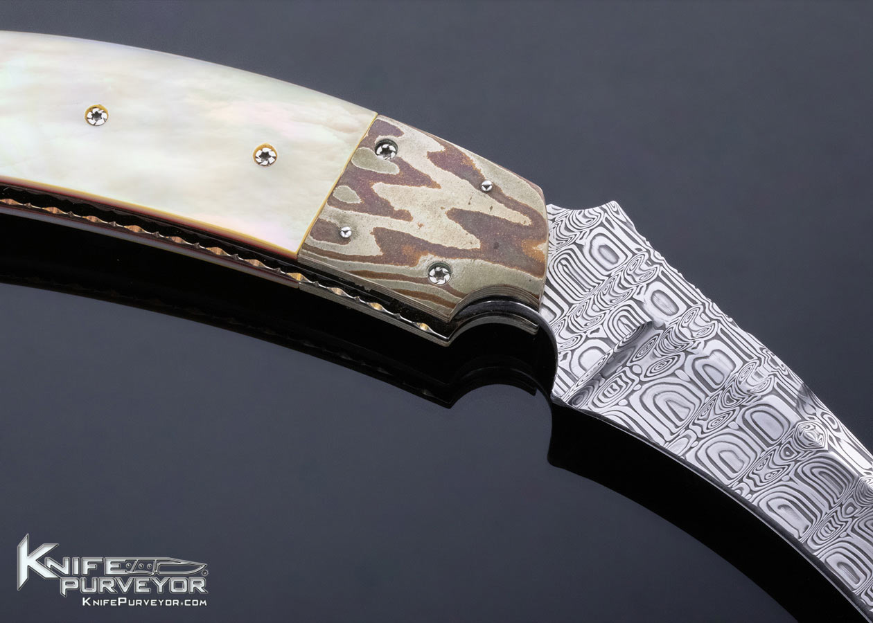 JD Van Deventer Custom Knife Damasteel and South Sea Goldlip Pearl Gents Claw Linerlock - Image 4
