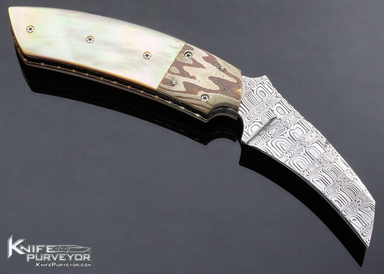 JD Van Deventer Custom Knife Damasteel and South Sea Goldlip Pearl Gents Claw Linerlock - Image 3