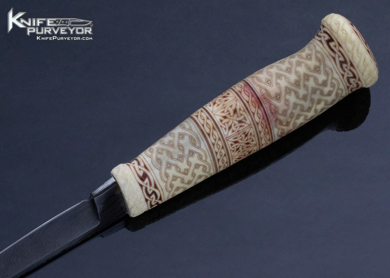 Unknown Custom Knife Damascus with Red Carved Mammoth with Sheath 14146