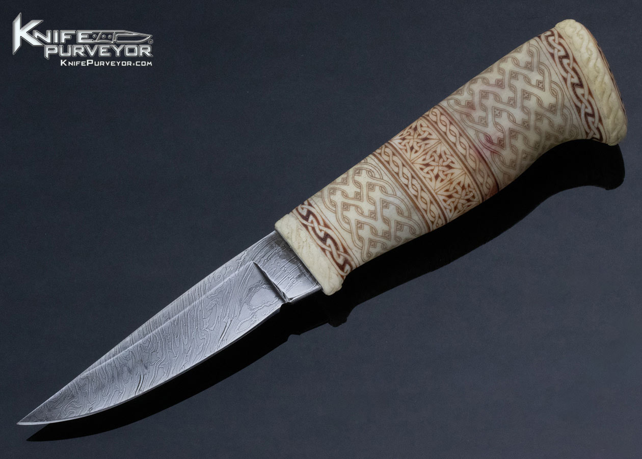 Laban Andersson Custom Knife Roger Bergh Damascus with Carved and Scrimshawed Reindeer Horn with Sheath 14146