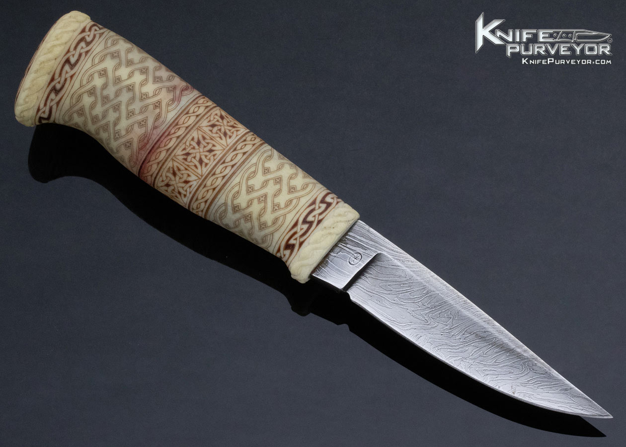 Laban Andersson Custom Knife Roger Bergh Damascus with Carved and Scrimshawed Reindeer Horn with Sheath - Image 3