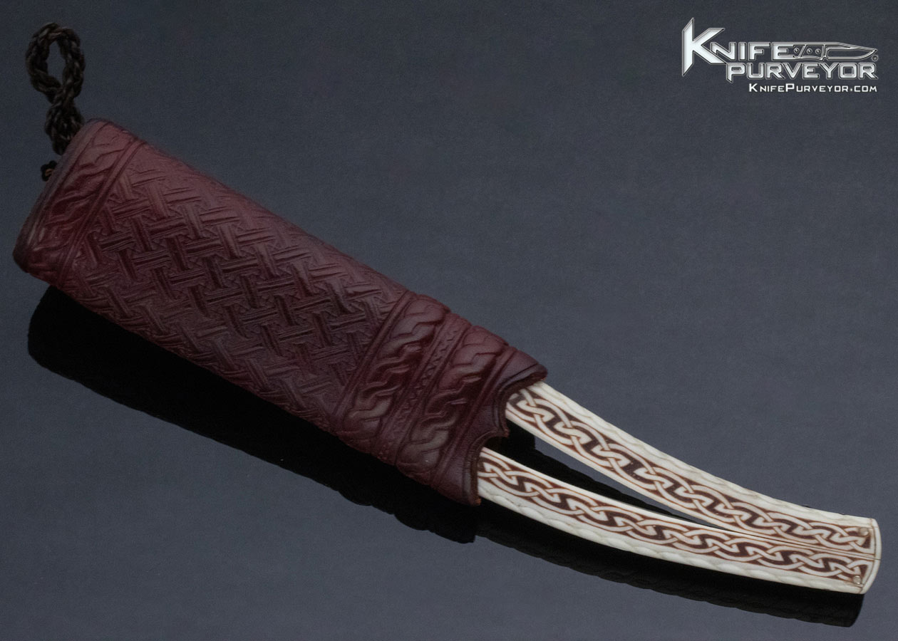 Laban Andersson Custom Knife Roger Bergh Damascus with Carved and Scrimshawed Reindeer Horn with Sheath - Image 7