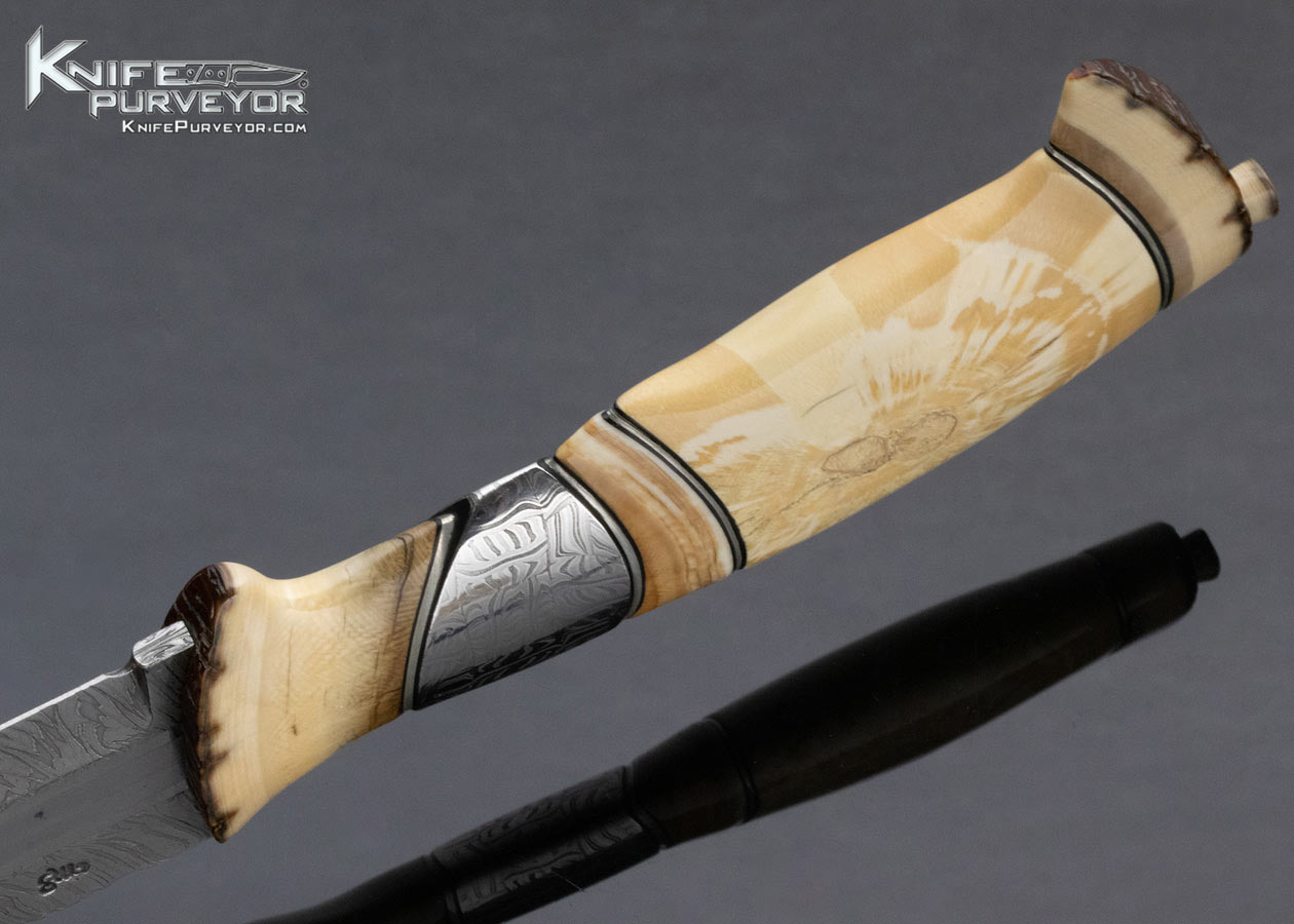 Claes Lofgren Custom Knife "Quest of Light" Mammoth Bark And Mosaic Damascus With Handstitched Rawhide Sheath - Image 9