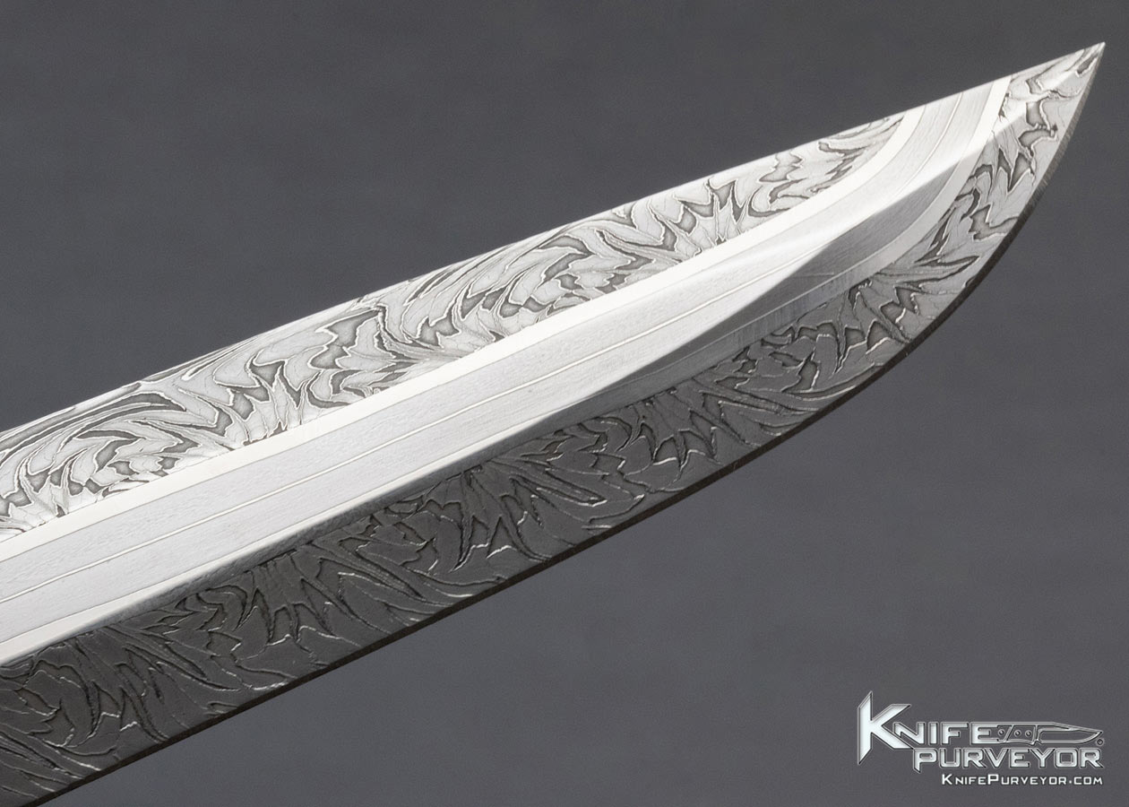 Claes Lofgren Custom Knife "Quest of Light" Mammoth Bark And Mosaic Damascus With Handstitched Rawhide Sheath - Image 6