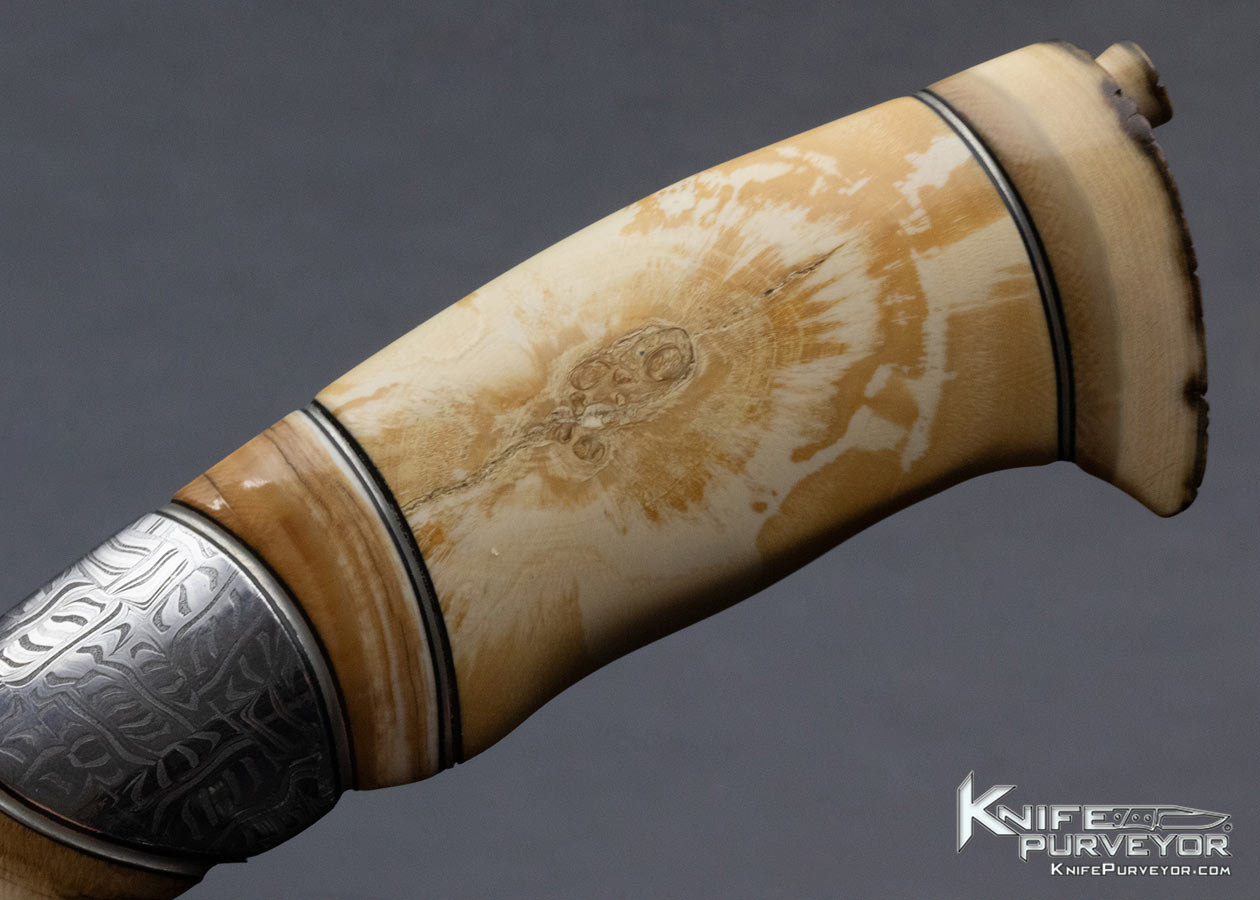 Claes Lofgren Custom Knife "Quest of Light" Mammoth Bark And Mosaic Damascus With Handstitched Rawhide Sheath 14481
