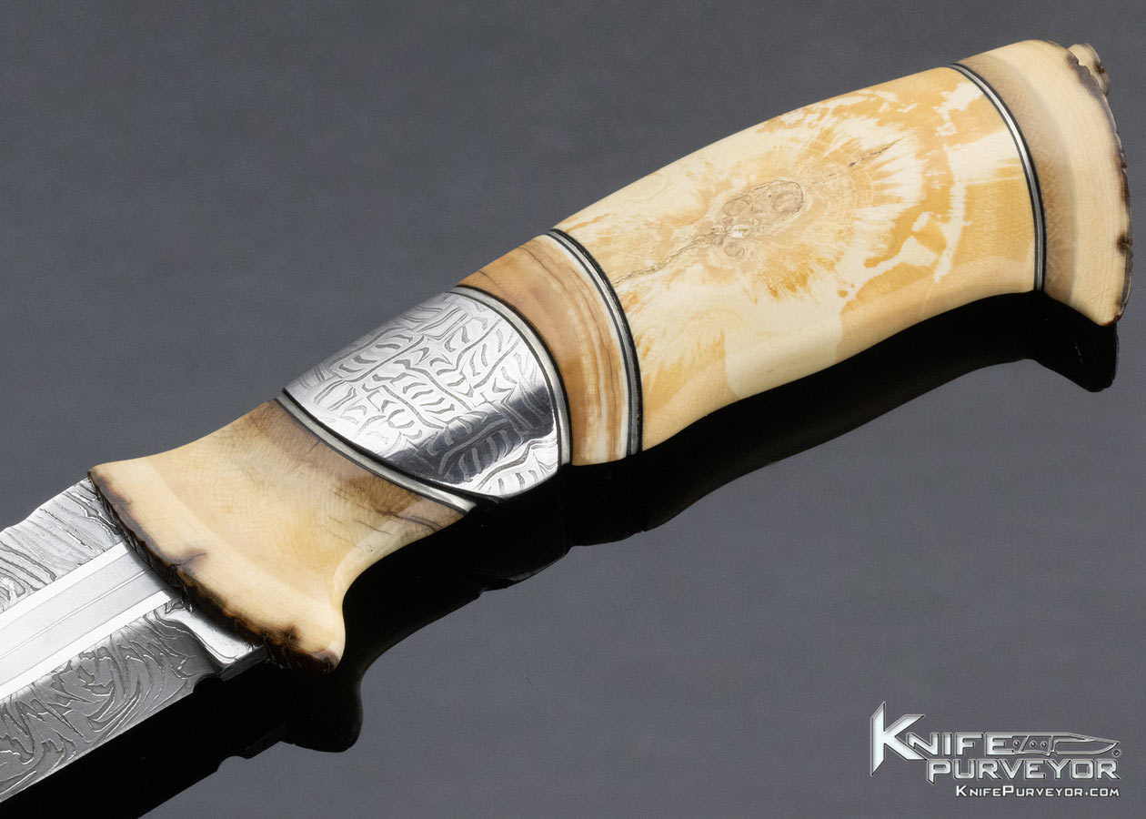 Claes Lofgren Custom Knife "Quest of Light" Mammoth Bark And Mosaic Damascus With Handstitched Rawhide Sheath - Image 2