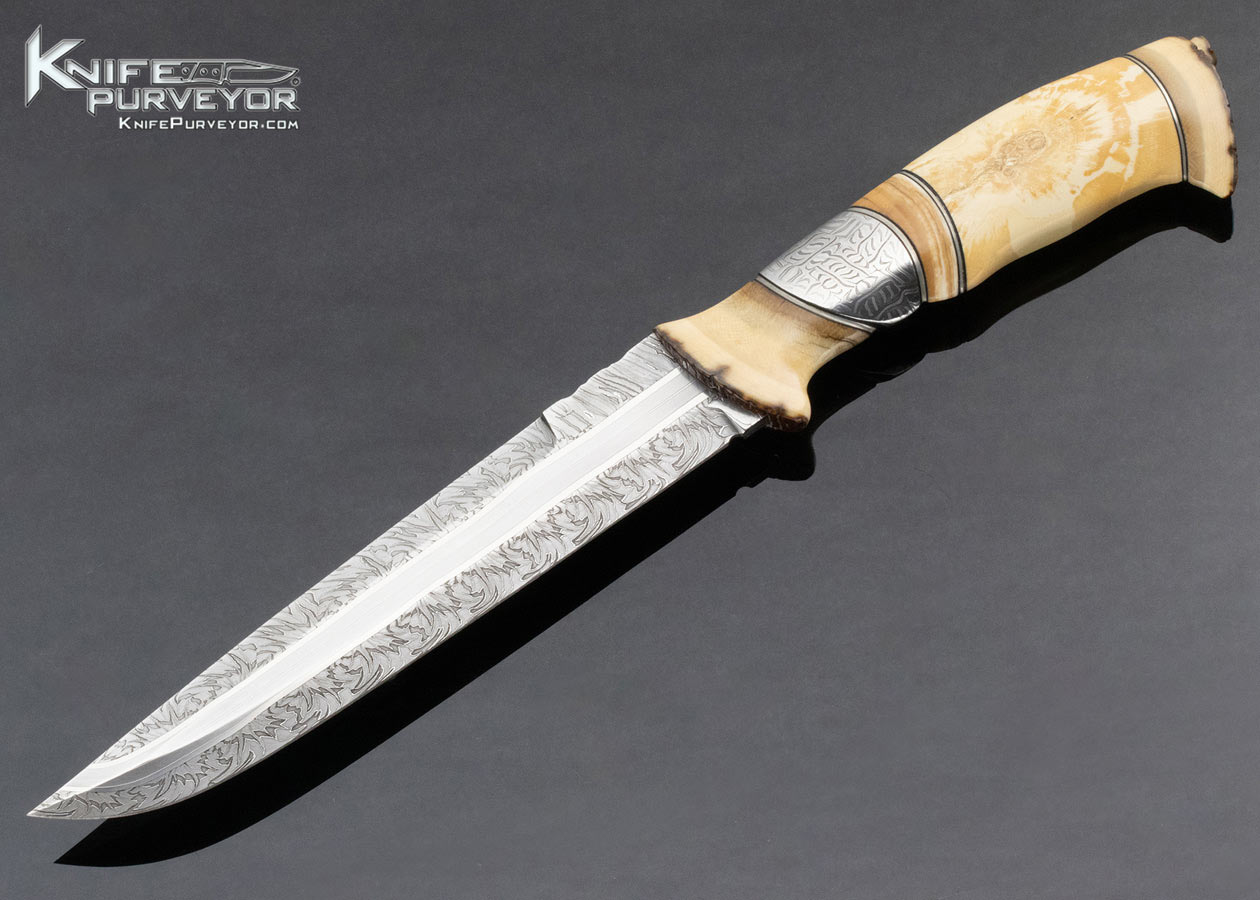 Claes Lofgren Custom Knife "Quest of Light" Mammoth Bark And Mosaic Damascus With Handstitched Rawhide Sheath 14481