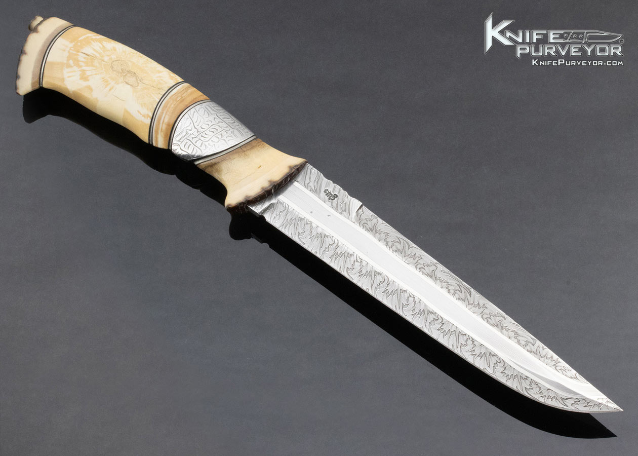 Claes Lofgren Custom Knife "Quest of Light" Mammoth Bark And Mosaic Damascus With Handstitched Rawhide Sheath - Image 4