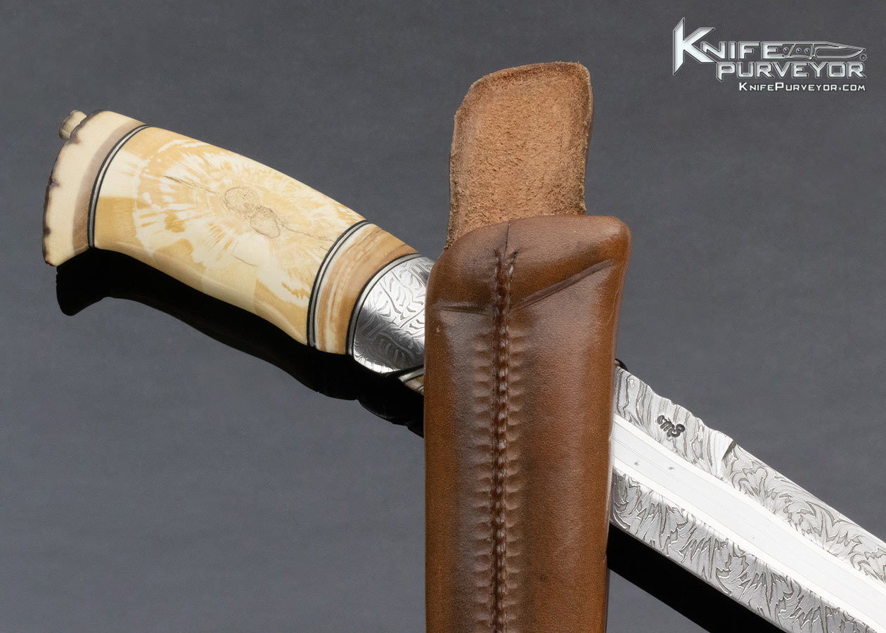 Claes Lofgren Custom Knife "Quest of Light" Mammoth Bark And Mosaic Damascus With Handstitched Rawhide Sheath - Image 8