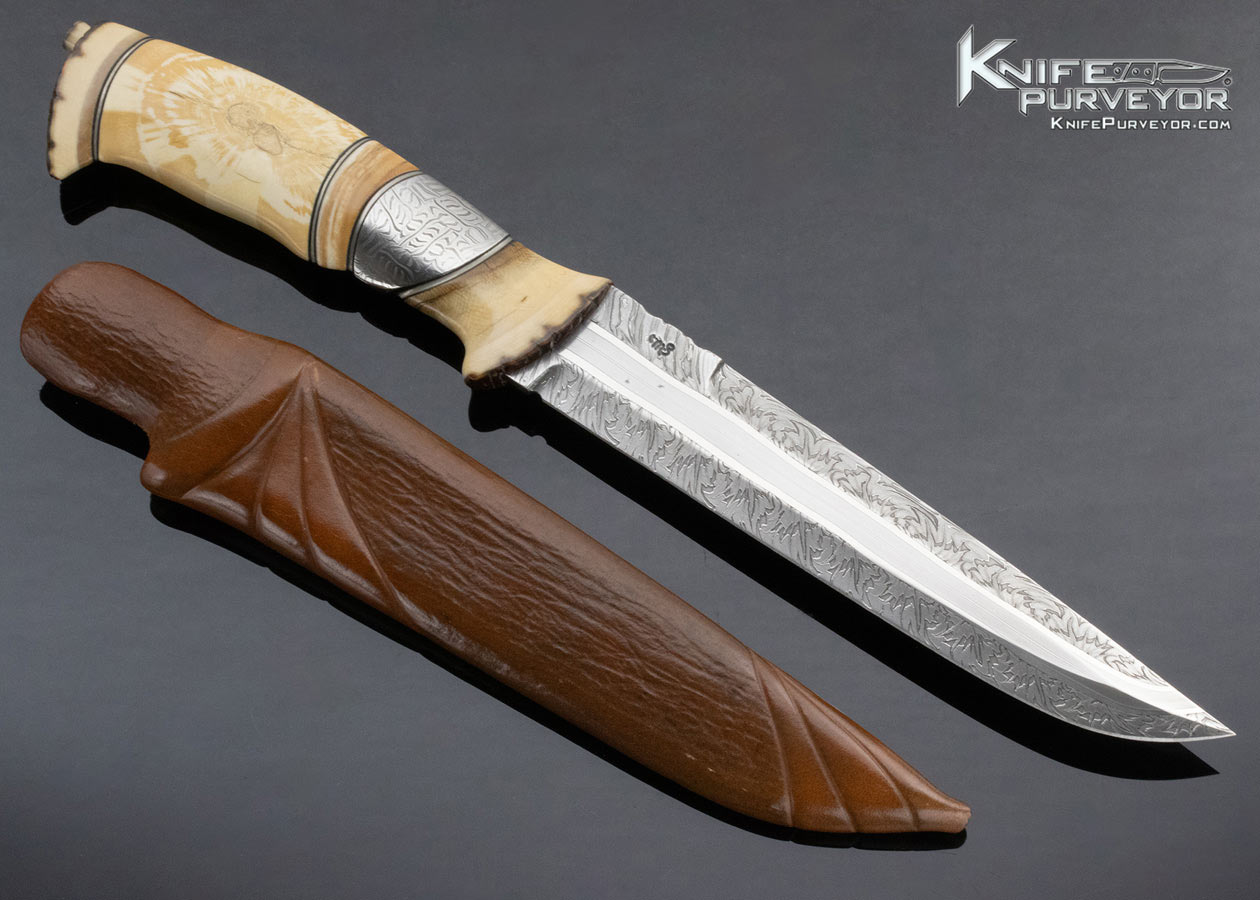 Claes Lofgren Custom Knife "Quest of Light" Mammoth Bark And Mosaic Damascus With Handstitched Rawhide Sheath - Image 7
