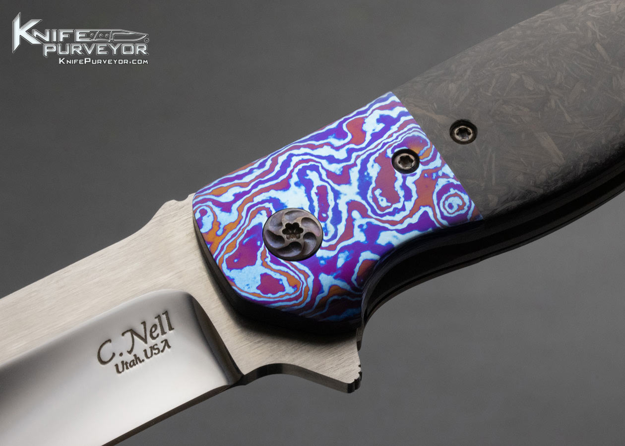 Chad Nell Custom Knife Amoeba Timascus and Shred Carbon Fiber Linerlock Flipper - Image 2
