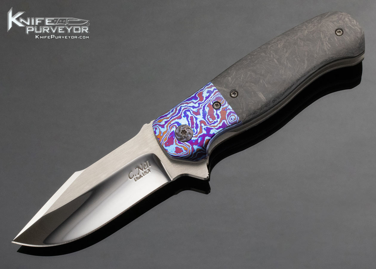 Chad Nell Custom Knife Amoeba Timascus and Shred Carbon Fiber Linerlock Flipper 14639