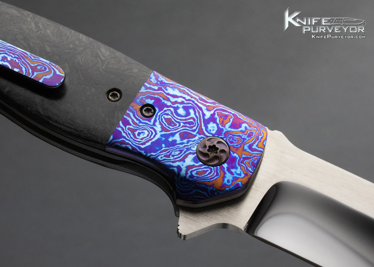 Chad Nell Custom Knife Amoeba Timascus and Shred Carbon Fiber Linerlock Flipper - Image 4