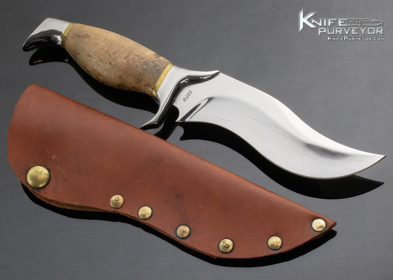 Wayne J. Whittaker Custom Knife 1976 Wood and Brass Recurve Bowie with Sheath - Image 2