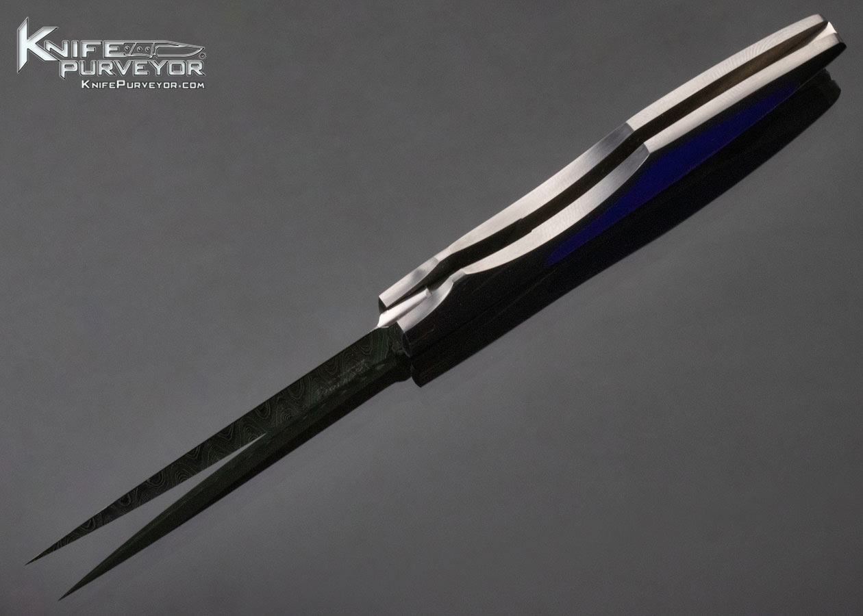Joe Kious Custom Knife Stainless Steel Damascus and Lapis Lazuli Interframe Lockback - Image 7