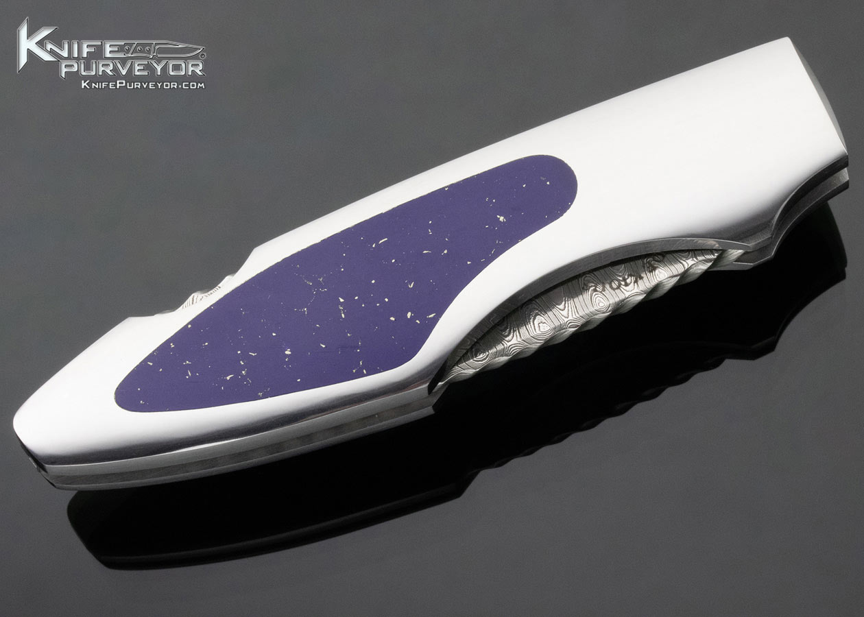 Joe Kious Custom Knife Stainless Steel Damascus and Lapis Lazuli Interframe Lockback - Image 5