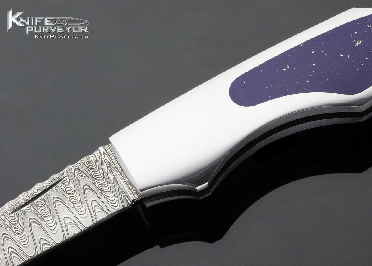 Joe Kious Custom Knife Stainless Steel Damascus and Lapis Lazuli Interframe Lockback - Image 2
