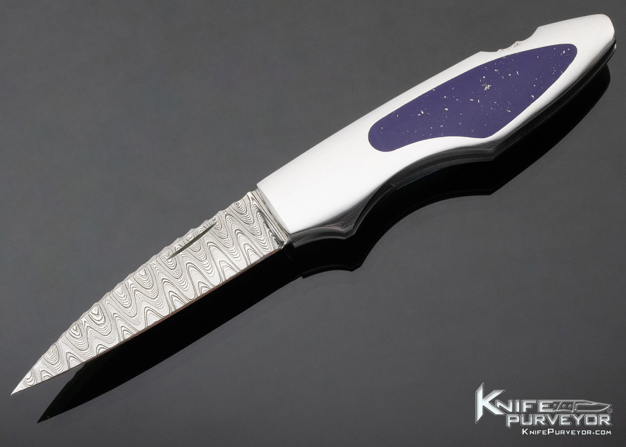 Joe Kious Custom Knife Stainless Steel Damascus Lapis Lazuli Interframe Lockback 12548
