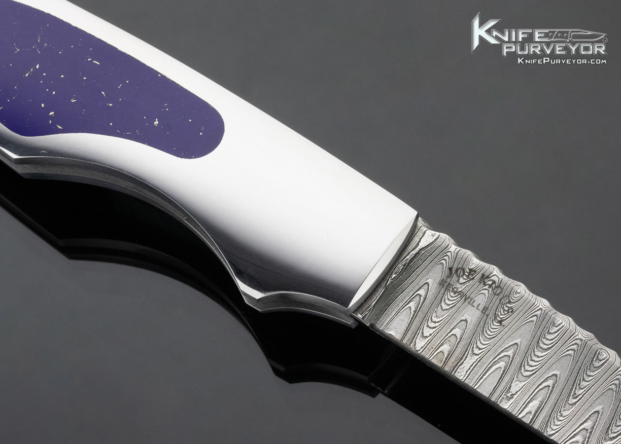 Joe Kious Custom Knife Stainless Steel Damascus and Lapis Lazuli Interframe Lockback - Image 4