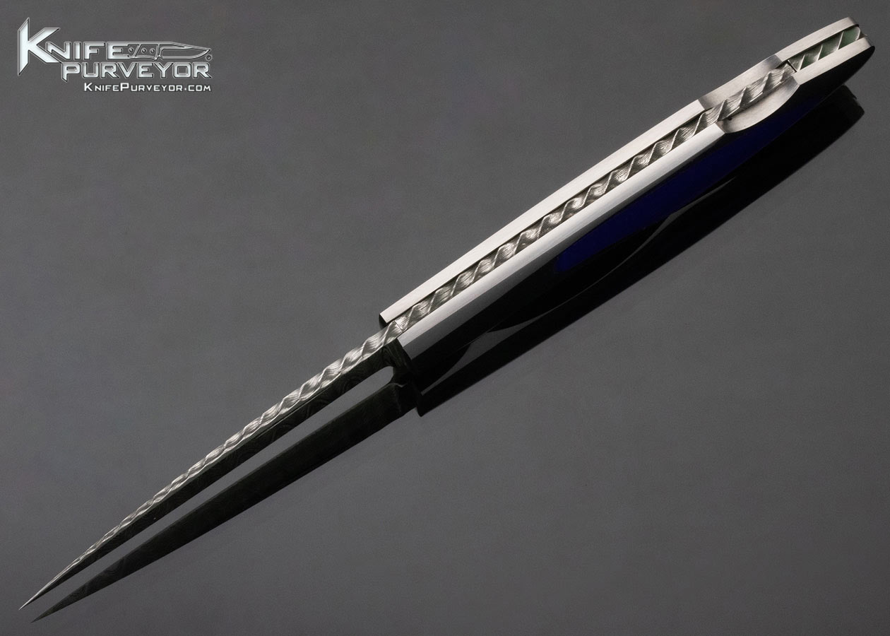 Joe Kious Custom Knife Stainless Steel Damascus and Lapis Lazuli Interframe Lockback - Image 6
