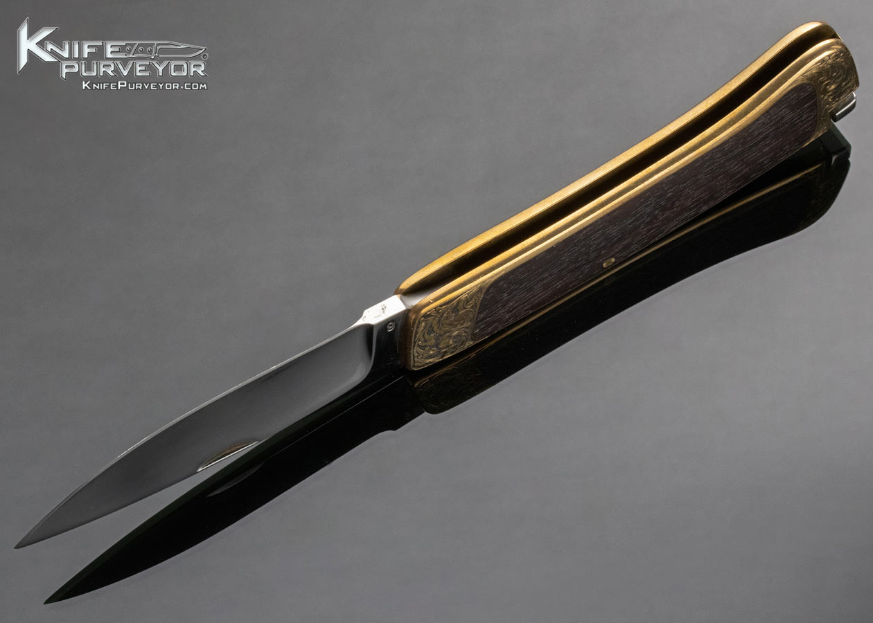 Ron Lake Custom Knife Wenge Wood Brass Interframe Tail Lock Folder Engraved by Colt Master Engraver D. Goodwin - Image 7