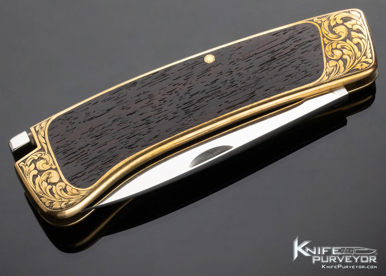Ron Lake Custom Knife Wenge Wood Brass Interframe Tail Lock Folder Engraved by Colt Master Engraver D. Goodwin - Image 5