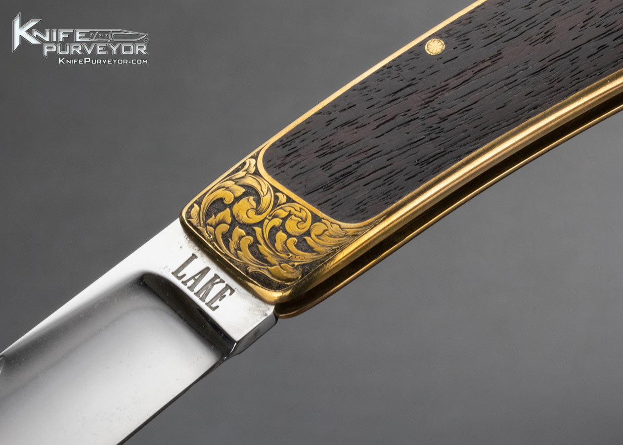 Ron Lake Custom Knife Wenge Wood Brass Interframe Tail Lock Folder Engraved by Colt Master Engraver D. Goodwin - Image 2