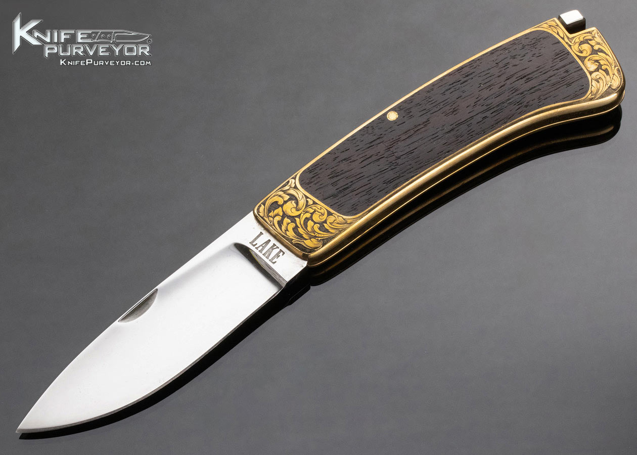 Ron Lake Custom Knife Exotic Wood Brass Interframe Tail Lock Folder Engraved by Colt Master Engraver D. Goodwin 14681