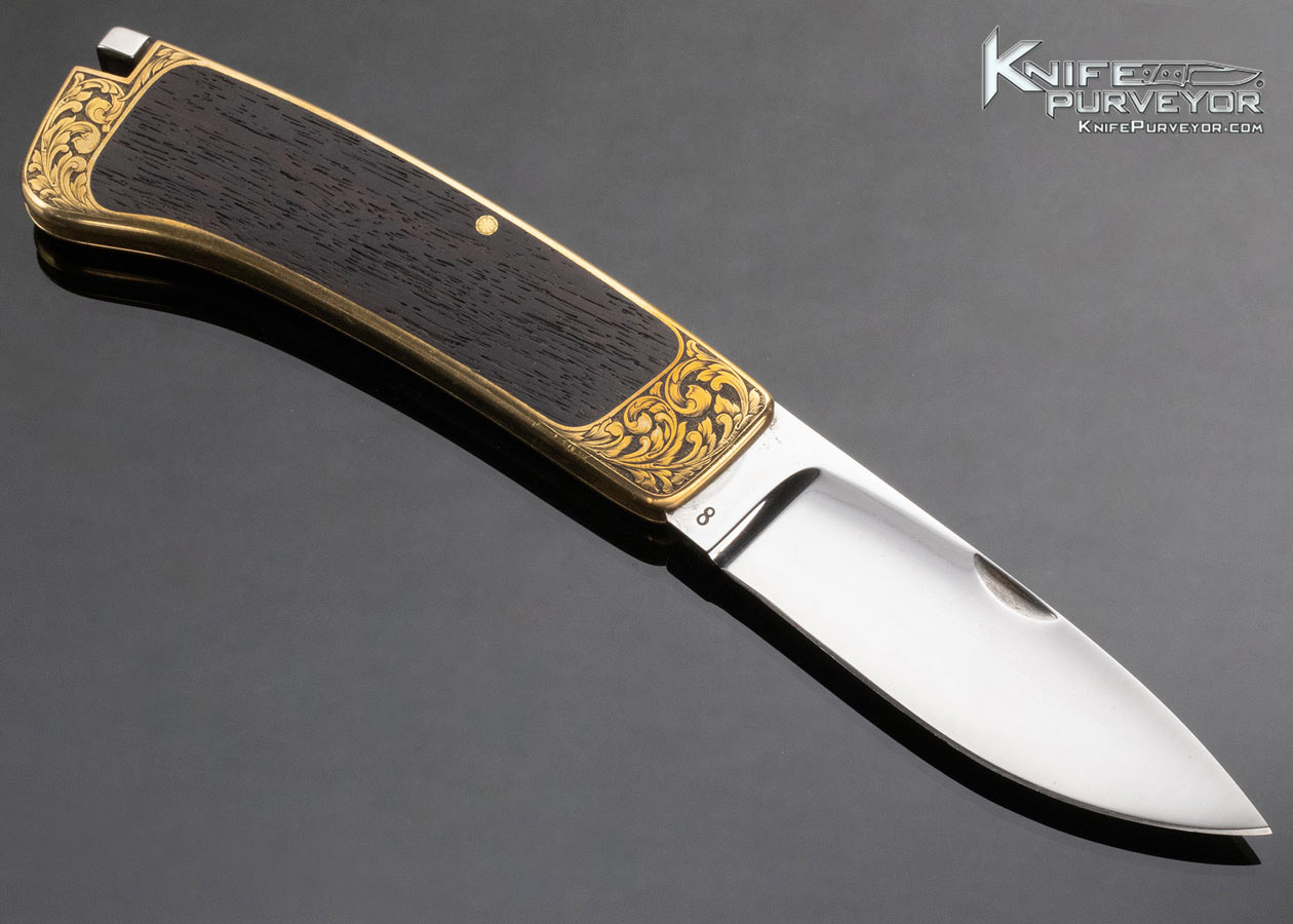 Ron Lake Custom Knife Wenge Wood Brass Interframe Tail Lock Folder Engraved by Colt Master Engraver D. Goodwin - Image 3
