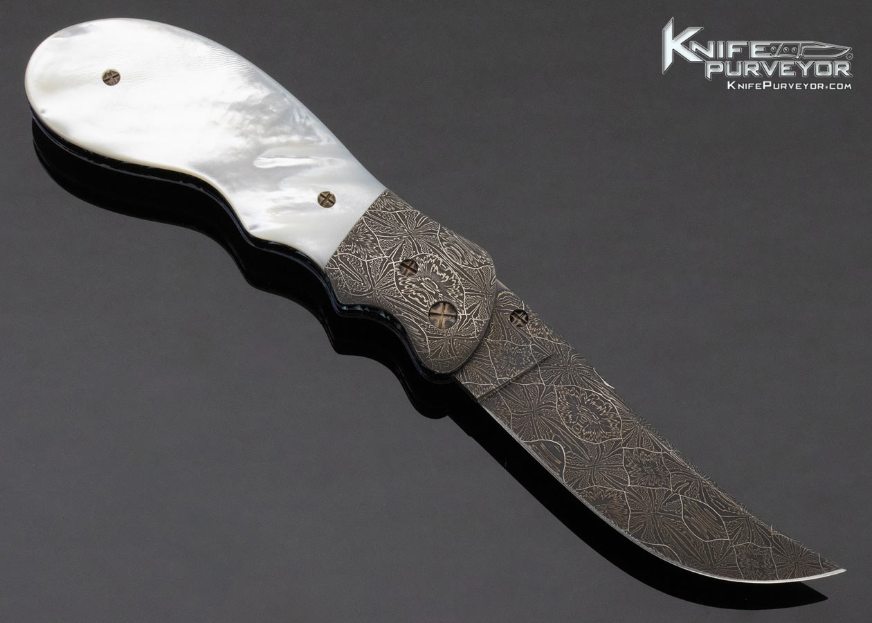 Barry Gallagher Custom Knife Mother of Pearl and Damascus Linerlock - Image 3