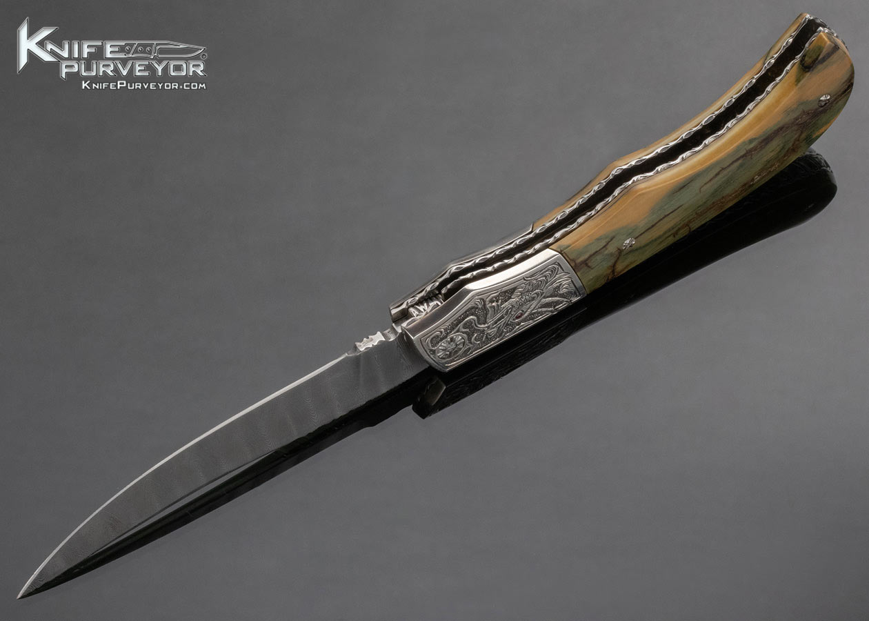 Bill McHenry Custom Knife Sole Authorship Engraved "Dragon" Damascus and Mammoth Bolster Release Automatic Linerlock - Image 12