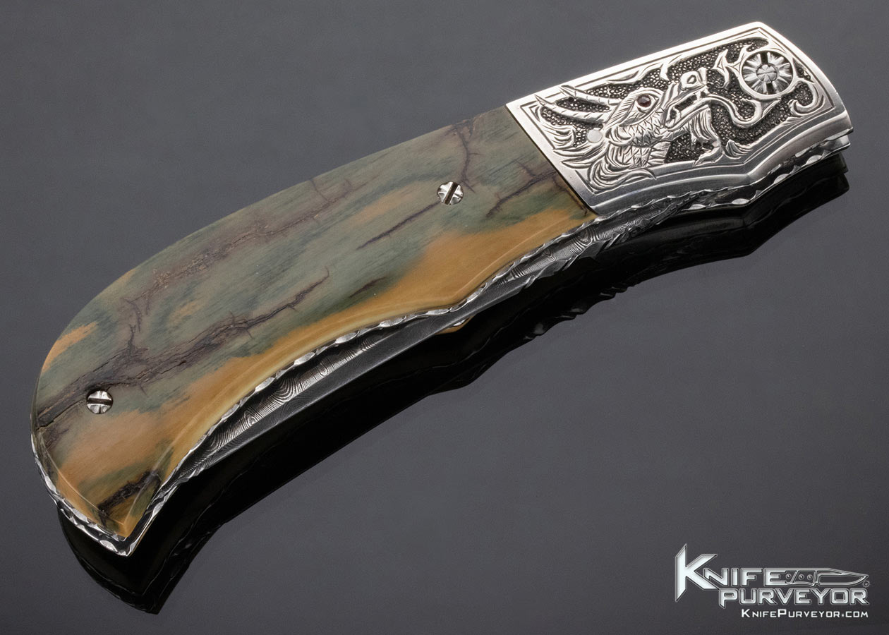 Bill McHenry Custom Knife Sole Authorship Engraved "Dragon" Damascus and Mammoth Bolster Release Automatic Linerlock - Image 5