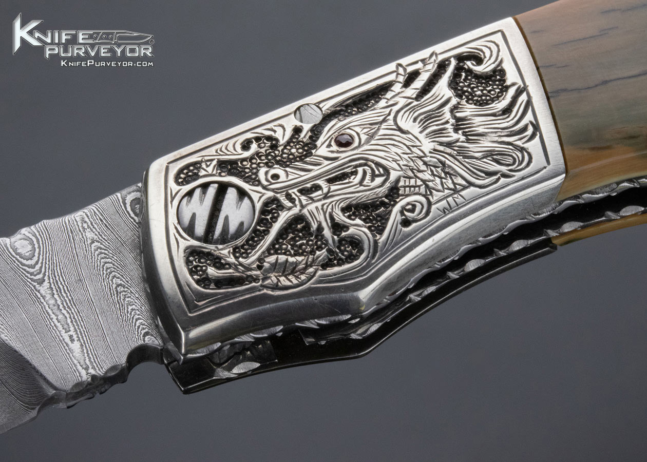 Bill McHenry Custom Knife Sole Authorship Engraved "Dragon" Damascus and Mammoth Bolster Release Automatic Linerlock - Image 3