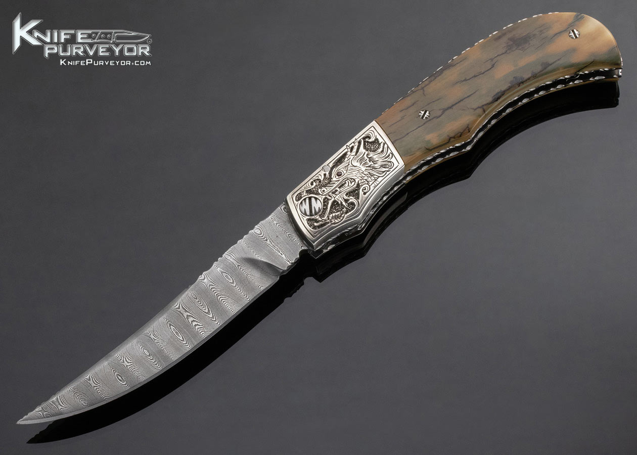 Bill McHenry Custom Knife Sole Authorship Engraved "Dragon" Damascus and Mammoth Bolster Release Automatic Linerlock 14753
