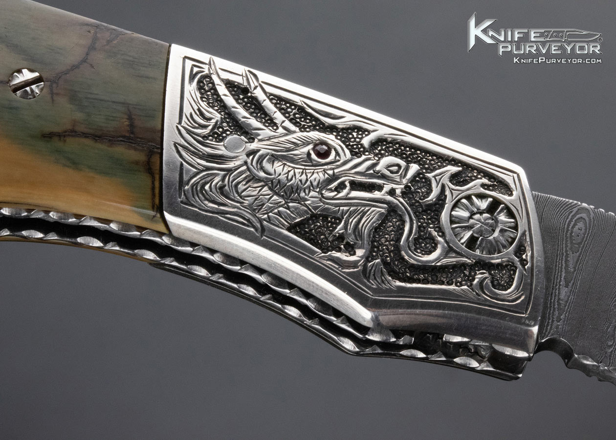Bill McHenry Custom Knife Sole Authorship Engraved "Dragon" Damascus and Mammoth Bolster Release Automatic Linerlock - Image 6