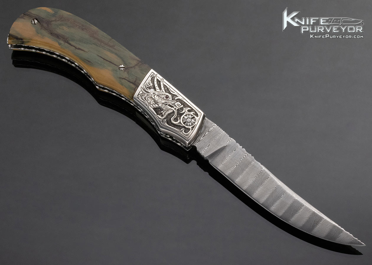 Bill McHenry Custom Knife Sole Authorship Engraved "Dragon" Damascus and Mammoth Bolster Release Automatic Linerlock - Image 4