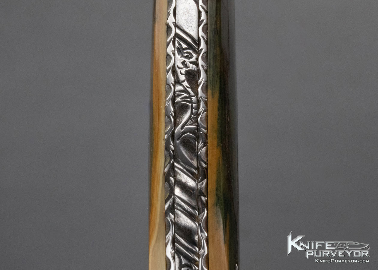 Bill McHenry Custom Knife Sole Authorship Engraved "Dragon" Damascus and Mammoth Bolster Release Automatic Linerlock - Image 9